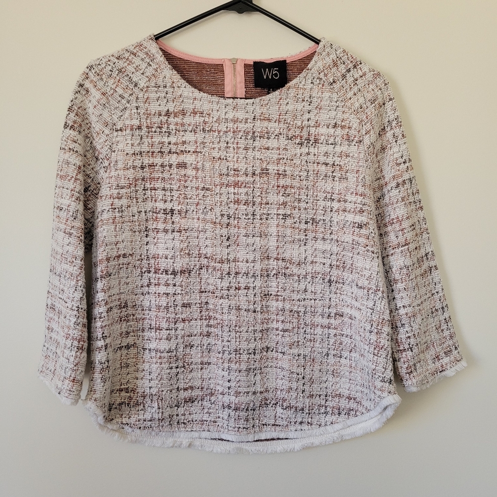 W5 Anthropologie Boxy Tweed Top w/Half Zipper on Back Fringe Bottom and Sleeves